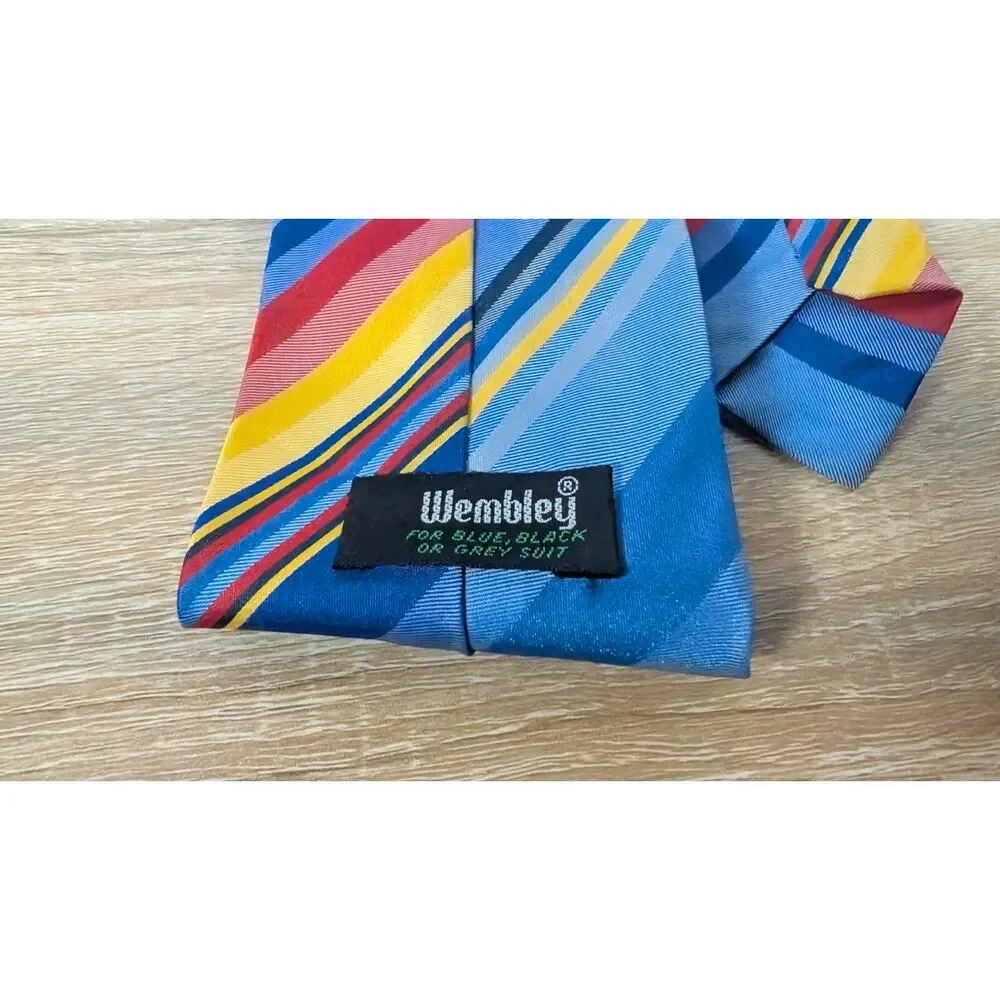 Vintage Wembley Necktie 1960s 1970s Wide Striped Tie – Blue, Red & Yellow